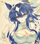  1girl absurdres animal_ears blue_dress blue_eyes blue_hair bow breasts china_dress chinese_clothes cleavage cleavage_cutout clothing_cutout dress ear_covers hair_between_eyes hair_bow hair_ornament highres horse_ears horse_girl large_breasts long_hair looking_at_viewer mole mole_under_eye multicolored_hair parted_lips photo_(medium) photoshop_(medium) setsuna_rio single_ear_cover sleeveless sleeveless_dress smile solo traditional_media umamusume upper_body verxina_(umamusume) 