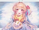  1girl ahoge blonde_hair commentary_request dated_commentary hair_ornament hair_ribbon highres holding holding_snowball hololive hololive_dev_is jacket letterboxed long_hair looking_at_viewer musical_note musical_note_hair_ornament one_side_up open_mouth otonose_kanade otonose_kanade_(1st_costume) outside_border red_eyes red_ribbon ribbon roha_(2r0ha1745) scarf snow snowball virtual_youtuber white_jacket yellow_scarf 