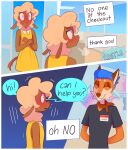 2025 5_fingers anthro ascot black_clothing black_eyebrows black_shirt black_text black_topwear blue_eyes blue_hair blush bodily_fluids bovid breath brown_body brown_ears brown_fur brown_nose canid canine caprine cheek_tuft circle_eyebrows clothed clothing clothing_store comic connor_(heresvix) crossdressing crossdressing_male dani_(heresvix) detailed_background dialogue dress duo english_text eyebrows eyes_closed facial_tuft femboy fingers fox front_view fur hair hands_behind_back heresvix hi_res inside looking_at_another male mammal name_tag orange_body orange_fur polka_dot_dress polka_dots shaking sheep shirt side_view smile speech_bubble standing store sweat tail tan_body tan_fur tan_hair text thought_bubble topwear tremble_lines tremble_spikes trembling tuft white_text yellow_clothing yellow_dress