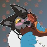 1:1 2024 4_toes 5_fingers anthro artist_name big_ears big_eyes big_nose black_body black_ears black_fur black_nose blue_clothing blue_gloves blue_handwear blush blush_lines brown_body brown_fur canid canine canis cheek_tuft claws close-up clothing coat colored digital_drawing_(artwork) digital_media_(artwork) doctor duo excited eyebrows faceless_character facial_tuft feet fingers fireyfoxxo foot_fetish foot_focus foot_grab foot_lick foot_on_face foot_play fur gloves glowing glowing_blush glowing_eyes grey_background grey_body grey_fur handwear happy head_tuft hi_res hindpaw humanoid_hands hybrid janusz lab_coat licking male male/male mammal medical_gloves medical_instrument mostly_offscreen_character northern_olingo olingo one_eye_closed outline pattern_background paw_pattern pawpads paws pink_blush pla_(alottaplaplapla) portrait procyonid raised_eyebrow scientific_instrument simple_background snout stethoscope text toes tongue topwear tuft watermark white_clothing white_outline white_topwear wolf wolfdog
