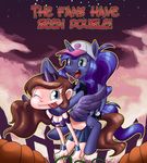  :d alissa blue_eyes breasts cleavage clothed clothing crossover crown cutie_mark dialogue duo equine female fence feral friendship_is_magic halloween hat holidays horn horse human looking_at_viewer mammal my_little_pony nauthleroy nintendo pok&eacute;mon pony princess_luna_(mlp) pumpkin skirt tongue tongue_out video_games winged_unicorn wings 