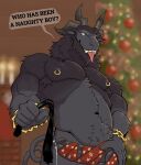 absurd_res anthro armpit_hair balls bodily_fluids body_hair bovid caprine caprine_demon christmas christmas_decorations christmas_tree demon dian dripping english_text erection genital_fluids genitals gift_tag glans goat_demon happy_trail hi_res holidays horn krampus male mammal muscular muscular_male navel nipple_piercing nipples penis piercing plant precum precum_drip presenting pubes solo speech_bubble standing tail text tongue tongue_out tree whip