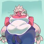 1:1 2026 4_fingers belly big_belly big_breasts blue_bottomwear blue_clothing blue_jeans blue_pants bottomwear breasts cheek_spots clothing denim denim_bottomwear denim_clothing emanata eyebrow_through_hair eyebrows eyelashes eyelashes_through_hair female fingers flesh_fang front_view generation_9_pokemon green_background grey_eyes hair hi_res highlights_(coloring) huge_thighs humanoid jacket_around_waist jeans long_hair looking_at_viewer looking_down looking_down_at_viewer low-angle_view nintendo open_mouth open_smile overweight overweight_female overweight_humanoid pants pigtails pink_body pink_eyebrows pink_hair pink_highlights pink_skin pokemon pokemon_(species) portrait shirt simple_background smile smiling_at_viewer solo spellcasterrr thick_thighs three-quarter_portrait tight_clothing tight_shirt tight_topwear tinkaton topwear translucent translucent_hair white_clothing white_shirt white_topwear wide_hips