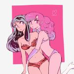  2girls animal_print aqua_hair arm_around_waist bikini boots breasts cleavage closed_mouth commentary cone_horns cowboy_shot gradient_hair green_eyes highres horns hug long_hair lum multicolored_hair multiple_girls navel pink_eyes pink_hair ran_(urusei_yatsura) remi55865108 standing swimsuit thighs tiger_print urusei_yatsura white_boots wristband 