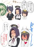  2girls admiral_(kantai_collection) blush breasts brown_eyes brown_hair covering_nose eyepatch full-face_blush hand_on_own_cheek hat heart highres kantai_collection kloah large_breasts little_boy_admiral_(kantai_collection) long_hair mechanical_halo multiple_girls open_mouth purple_eyes purple_hair shaded_face short_hair tatsuta_(kantai_collection) tenryuu_(kantai_collection) translated yellow_eyes 