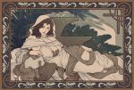  1girl art_nouveau bare_shoulders border brown_hair circlet cleavage_cutout clothing_cutout commentary_request couch dark_souls_(series) dark_souls_i gold_circlet highres long_hair lying megasus on_couch on_side ornate_border palm_leaf queen_of_sunlight_gwynevere robe solo 