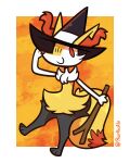 4:5 ambiguous_gender anthro arm_tuft braixen cheek_tuft chest_tuft clothing dipstick_tail facial_tuft fur generation_6_pokemon hat headgear headwear holding_object holding_stick inner_ear_fluff markings nintendo orange_eyes pokemon pokemon_(species) rafvicalv shoulder_tuft simple_background smile solo stick tail tail_markings tuft witch_hat yellow_body yellow_fur