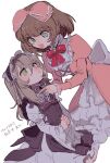  2girls absurdres alternate_costume apron back_bow black_apron blonde_hair blush bow brooch brown_hair closed_mouth commentary_request dress elize_lutus frilled_apron frilled_dress frills green_eyes hair_bow highres jewelry juliet_sleeves leia_rolando lolita_fashion long_hair long_sleeves looking_at_another multiple_girls nancykittyu neck_ribbon open_mouth own_hands_clasped own_hands_together pink_bow pink_dress puffy_sleeves red_ribbon ribbon short_hair simple_background sitting smile star-shaped_pupils star_(symbol) symbol-shaped_pupils tales_of_(series) tales_of_xillia translation_request white_background white_dress 