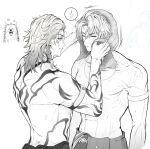  2boys animal arm_tattoo armlet back_tattoo braid closed_eyes closed_mouth commentary_request dog drying drying_another's_hair drying_hair fish greyscale highres holding honkai:_star_rail honkai_(series) hukami_dori jewelry looking_at_another male_focus medium_hair monochrome multiple_boys multiple_tattoos mydei_(honkai:_star_rail) pectorals phainon_(honkai:_star_rail) short_hair shoulder_tattoo side_braid simple_background single_braid tattoo toned toned_male topless_male towel towel_on_head wet white_background yaoi 