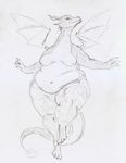  2012 anthro anthrofied belly big_belly breasts cageofmirrors_(artist) claws dragon dragon_(shrek) female fin half-closed_eyes looking_at_viewer monochrome navel nipples nude obese overweight raised_leg scales scalie shrek_(series) simple_background sketch smile solo spikes toe_claws traditional_media_(artwork) white_background wide_hips wings 