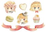  alice_margatroid banner blue_eyes braid cookie crescent crescent_hair_ornament cupcake food hair_ornament hair_ribbon hairband hat icing kagome_f kirisame_marisa lolita_hairband looking_at_viewer macaron mob_cap multiple_girls one_eye_closed open_mouth patchouli_knowledge portrait purple_eyes purple_hair ribbon simple_background single_braid smile star touhou traditional_media tress_ribbon watercolor_(medium) white_background witch_hat yellow_eyes 