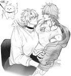  2boys arm_tattoo blush braid chest_tattoo choker closed_mouth collarbone commentary_request covered_pectorals earrings eye_contact glasses greyscale highres honkai:_star_rail honkai_(series) hukami_dori jewelry long_sleeves looking_at_another male_focus medium_hair monochrome multiple_boys mydei_(honkai:_star_rail) neck_tattoo pants pectoral_cleavage pectorals phainon_(honkai:_star_rail) shirt short_hair side_braid simple_background single_braid tank_top tattoo watermark white_background yaoi 