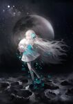  1girl absurdres boots closed_eyes dress expressionless flower full_body hair_flower hair_ornament hashtag-only_commentary high_heel_boots high_heels highres holding_moon isekaijoucho juejianyami kamitsubaki_studio long_hair moon pantyhose solo space star_(sky) very_long_hair white_hair white_pantyhose 