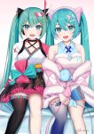 2girls aqua_eyes aqua_hair bell black_thighhighs blue_bow blue_thighhighs bow breasts commentary_request dress dual_persona gradient_thighhighs hair_between_eyes hair_ornament hairclip hatsune_miku highres holding holding_bell magical_mirai_(vocaloid) magical_mirai_miku magical_mirai_miku_(2020_summer) magical_mirai_miku_(2020_winter) multiple_girls nekoinu_bamboo pink_bow signature single_thighhigh sitting thighhighs twintails vocaloid x_hair_ornament 