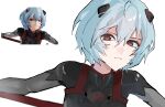  1girl ayanami_rei black_bodysuit blue_hair bodysuit closed_mouth commentary_request double-parted_bangs evangelion:_3.0_you_can_(not)_redo figure-referenced hair_between_eyes highres interface_headset_(evangelion) kuhuku36 looking_at_viewer mecha_pilot_suit neon_genesis_evangelion plugsuit_(evangelion) rebuild_of_evangelion red_eyes reference_inset short_hair simple_background solo white_background 
