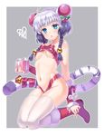  arm_warmers bare_shoulders bell blue_eyes blush boots braid breasts christmas double_bun gift hair_ornament haku_(p&amp;d) jpeg_artifacts kneeling long_hair multicolored_hair naked_ribbon navel open_mouth purple_hair puzzle_&amp;_dragons ribbon shouni_(sato3) small_breasts solo tail tail_bell thighhighs tiger_tail twin_braids two-tone_hair underboob white_hair white_legwear 