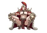  1girl abs armor ass belt blush bottomless breasts cape chest_harness cingulum_militare clawed_gauntlets commentary couter english_commentary eyelashes fur-trimmed_cape fur-trimmed_waist_cape fur_collar fur_trim furrowed_brow gauntlets gladiator_sandals gold_armor gold_belt gold_gauntlets gold_greaves gold_helmet gold_vambraces gorget greaves green_eyes hair_over_one_eye hands_on_own_knees harness helmet knee_guards kozaki_yuusuke_(style) large_breasts long_hair looking_at_viewer m_legs muscular muscular_arms muscular_female nipple_tassels no_bra no_panties original parted_lips pauldrons peacefulandflat plume poleyn pubic_hair pubic_hair_peek red_cape red_hair red_pubic_hair roman_armor sandals shoulder_armor skull_brooch skull_ornament skull_pauldron spiked_belt spiked_pauldrons spiked_poleyn spikes spread_legs squatting strap teeth toenails toes vambraces waist_cape wide_spread_legs 