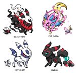  absol animal_focus black_eyes colored_sclera commentary cresselia darkrai english_commentary espeon full_body fusion green_sclera highres mamobot no_humans pokemon pokemon_(creature) pokemon_focus purple_eyes red_sclera simple_background standing umbreon white_background zoroark 