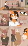 alcohol anthro beverage blue_bottomwear blue_clothing blue_shorts boss_and_employee bottomwear brown_clothing brown_shirt brown_topwear canid canine clothing comic container cup dining_table dinner drinking_glass duo female female/female fox glass glass_container glass_cup hi_res mammal mina_(misterfis) misterfis rebecca_(misterfis) shirt shorts text topwear walking_away white_button-down_shirt wine wine_glass yellow_eyes