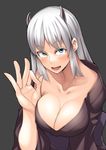  ayakumo blue_eyes breasts cleavage fangs grey_background highres horns large_breasts long_hair looking_at_viewer ok_sign original silver_hair simple_background smile solo sweat 