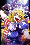  american_flag_dress arm_behind_head black_gloves blonde_hair breasts clownpiece earrings earth elbow_gloves facial_tattoo fangs gloves hat jester_cap jewelry large_breasts long_hair looking_at_viewer older open_mouth pointy_ears puffy_short_sleeves puffy_sleeves red_eyes ryuuichi_(f_dragon) sharp_teeth short_sleeves smile solo tattoo teeth tongue tongue_out touhou upper_body very_long_hair 
