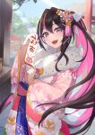  1girl :d asymmetrical_sidelocks azki_(hololive) azki_(new_year)_(hololive) black_hair colored_inner_hair commentary_request day double-parted_bangs english_commentary floral_print floral_print_kimono flower fur_scarf furisode_sleeves hair_flower hair_intakes hair_ornament hair_ribbon highres holding holding_omikuji hololive japanese_clothes kimono long_hair looking_at_viewer mixed-language_commentary mole mole_under_eye multicolored_hair official_alternate_costume omikuji open_mouth outdoors petcha_the_o pink_hair pink_kimono pink_streaks ponytail print_kimono purple_eyes ribbon scarf sidelocks smile solo tassel tassel_hair_ornament teeth upper_teeth_only very_long_hair virtual_youtuber white_ribbon white_scarf white_streaks wide_sleeves 