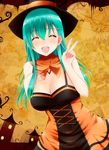  alternate_costume aqua_hair bat breasts cleavage closed_eyes collarbone facing_viewer hair_ornament hairclip halloween hand_on_own_chest hat highres kantai_collection kiko_(okuwae) large_breasts lips long_hair silk solo spider_web suzuya_(kantai_collection) upper_body v witch_hat 