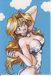  absurdres animal_print bare_arms bare_shoulders bell blonde_hair blue_eyes breasts christine_garland cleavage cloud cow_bell cow_girl cow_print cow_tail cowboy_shot highleg highleg_leotard highres large_breasts leotard long_hair official_art open_mouth print_leotard smile source_request strapless strapless_leotard super_real_mahjong tail 