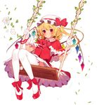  absurdres adapted_costume ankle_bow ankle_ribbon blonde_hair bow cape dress flandre_scarlet gloves hat high_heels highres long_hair looking_at_viewer misoni_comi mob_cap plant red_dress red_eyes red_footwear ribbon shoes side_ponytail solo swing thighhighs touhou vines white_gloves white_legwear wings wrist_ribbon zettai_ryouiki 