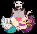  3girls animal_print bandana bandana_around_neck bare_shoulders black_background black_choker black_hair black_lips blue_gloves blush bracelet braid breast_press breasts bun_with_braided_base choker cleavage closed_eyes colored_skin colored_tips commentary cone_hair_bun dionysus_(wanderjegson) double_bun double_w dress drunk english_commentary expressionless eyeshadow fake_horns feather-trimmed_dress fingernails food food-themed_hair_ornament from_above fruit full-face_blush fur-trimmed_dress fur_trim furrowed_brow genderswap genderswap_(mtf) gloves grape_hair_ornament grapes greek_mythology green_hair grey_skin hades_(wanderjegson) hair_bun hair_ornament hair_over_one_eye half-closed_eyes hand_up hands_up heart helmet hera_(wanderjegson) horned_helmet horns jewelry large_breasts leopard_print lipstick long_fingernails long_hair looking_at_viewer looking_up makeup mole mole_on_breast multicolored_hair multiple_bracelets multiple_girls multiple_moles nail_polish one_eye_closed open_mouth original parted_lips print_bandana purple_dress purple_eyes purple_hair purple_nails red_hair simple_background skull_on_head sleeveless sleeveless_dress smile strapless strapless_dress streaked_hair symmetrical_docking teeth two-tone_hair upper_teeth_only w wanderjegson white_hair 