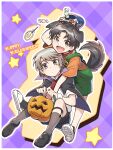  2boys :d animal_collar animal_ears black_cape black_hair border brown_hair candy cape child collar commentary_request dog_ears dog_tail fang food halloween_bucket halloween_costume happy_halloween jack-o'-lantern kneehighs loafers lollipop looking_at_viewer makabe_kazuki male_focus minashiro_soushi multiple_boys nagi_(exsit00) necktie overalls plaid_background shoes short_hair smile socks soukyuu_no_fafner star_(symbol) swirl_lollipop tail wrist_cuffs 