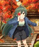  1girl antenna_hair autumn autumn_leaves black_overalls black_shorts blue_coat bush coat collarbone covering_one_eye dappled_sunlight day dot_nose falling_leaves feet_out_of_frame fujimaki_minaki game_cg green_hair green_shirt grin hair_between_eyes holding holding_leaf leaf leaning_forward long_hair long_sleeves looking_at_viewer official_art open_clothes open_coat outdoors outstretched_arm overalls rock shirt short_eyebrows shorts smile solo sparkle stairs stone_stairs striped_clothes striped_shirt sunlight thick_eyebrows third-party_source toji_no_miko toji_no_miko:_kizamishi_issen_no_tomoshibi tree yellow_eyes 