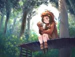  1girl animal black_hair boots brown_dress brown_eyes brown_hair commentary_request dress forest gloves hair_ornament highres kemono_friends long_hair mcgunngu multicolored_hair nature neck_ribbon orangutan orangutan_(kemono_friends) outdoors ribbon sitting tree two-tone_hair 