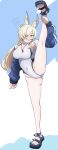  1girl absurdres animal_ear_fluff animal_ears blonde_hair blue_archive blue_eyes blue_halo blue_jacket breasts commentary_request competition_swimsuit covered_navel dog_ears dog_girl extra_ears full_body hair_over_one_eye halo highleg highleg_one-piece_swimsuit highres jacket kanna_(blue_archive) kanna_(swimsuit)_(blue_archive) kirisame0729 large_breasts long_hair looking_at_viewer notched_ear official_alternate_costume one-piece_swimsuit ponytail sandals solo split standing standing_on_one_leg standing_split swimsuit white_one-piece_swimsuit 