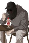  1boy baseball_cap black_hat call_of_duty chair commentary_request feet_out_of_frame food grey_hoodie hat highres holding holding_spoon hood hoodie ice_cream konig_(call_of_duty) korean_commentary male_focus masked nanj1n on_chair pants simple_background sitting solo spoon spread_legs sundae table white_background white_pants wooden_chair wooden_table 