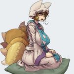  blonde_hair blue_background blush breasts breath brown_eyes chanta_(ayatakaoisii) covered_nipples dress fox_tail hands_on_lap hat heavy_breathing hips huge_breasts long_sleeves multiple_tails open_mouth pillow pillow_hat sagging_breasts seiza short_hair simple_background sitting socks solo tabard tail thighs tongue touhou white_dress white_legwear wide_sleeves yakumo_ran 