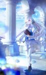  1girl absurdres blue_hair blue_sky book boots dress flower full_body hair_flower hair_ornament highres holding holding_book isekaijoucho kamitsubaki_studio long_hair looking_to_the_side mey_(me_hanamomo) multicolored_hair pantyhose parted_lips petals pillar sky solo two-tone_hair very_long_hair white_hair white_pantyhose 