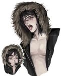  1boy adam's_apple alternate_costume bags_under_eyes between_fingers black_hair black_jacket cakkezzz chibi choso_(jujutsu_kaisen) cigarette collarbone commentary cropped_torso ear_piercing face_piercing facial_mark fur-trimmed_hood fur_trim highres holding holding_cigarette hood hood_up jacket jujutsu_kaisen lip_piercing lips looking_at_viewer male_focus medium_hair multiple_views nose open_clothes open_jacket open_mouth pectorals piercing simple_background teeth tongue tongue_out tongue_piercing twitter_username white_background yellow_eyes 