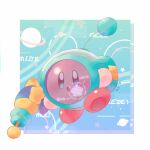 1:1 2022 abstract_background ambiguous_gender antenna_topper antenna_wire biped blue_eyes blush blush_lines border constructed_language digital_drawing_(artwork) digital_media_(artwork) fictional_language full-length_portrait hakobune hi_res holding_object holding_ranged_weapon holding_raygun holding_weapon kirby kirby_(series) kirby_and_the_forgotten_land looking_at_viewer nintendo open_mouth outside_border pink_body planet portrait ranged_weapon raygun red_body signature solo space_ranger_kirby spacesuit star_polygon three-quarter_view waddling_head weapon white_border