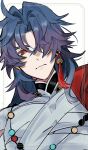  1boy absurdres bandaged_chest bandages blade_(honkai:_star_rail) closed_mouth dutch_angle earrings highres honkai:_star_rail honkai_(series) inset_border jacket jewelry male_focus necklace one_eye_covered piercing portrait r_moonl red_eyes red_jacket simple_background single_earring solo tassel tassel_earrings white_background 