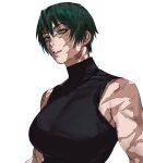  1girl bare_shoulders breasts burn_scar commentary_request green_eyes green_hair highres jujutsu_kaisen large_breasts looking_to_the_side multiple_scars muscular muscular_female parted_lips scar scar_on_arm scar_on_face scars_all_over shirt short_hair simple_background sleeveless sleeveless_shirt solo taiyang_yu turtleneck turtleneck_shirt upper_body white_background zen'in_maki 
