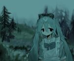  1girl alternate_costume apron aqua_hair black_bow bow bowtie closed_mouth commentary fog frilled_apron frills hair_between_eyes hair_bow hatsune_miku highres long_hair looking_at_viewer maid_apron outdoors pine_tree short_sleeves solo tree twintails vocaloid white_apron yatsu_(dolkz1455y75969) 