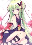  1girl armpit_crease back_bow bare_shoulders black_kimono black_ribbon blunt_bangs blunt_ends blush bow breasts butterfly_hair_ornament commentary convenient_leg criss-cross_halter eyes_visible_through_hair feet_out_of_frame floral_background flower green_hair hair_between_eyes hair_ornament hair_ribbon halterneck highres hime_cut japanese_clothes kimono leg_ribbon long_hair long_ribbon long_sleeves looking_at_viewer murasame_(senren) open_mouth pom_pom_(clothes) red_bow red_eyes red_flower red_ribbon red_sash ribbon sash senren_banka sidelocks simple_background sitting small_breasts solo spider_lily straight_hair sukonbu385 thighs two_side_up very_long_hair watermark white_background wide_sleeves yokozuwari 