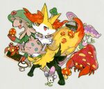 2018 3_fingers 3_toes ambiguous_gender amoonguss anthro arm_tuft black_body black_fur braixen breloom cheek_tuft chest_tuft cute_fangs dipstick_tail facial_tuft fangs feet feral fingers foongus fungus fur generation_1_pokemon generation_3_pokemon generation_5_pokemon generation_6_pokemon generation_7_pokemon green_body grey_background group holding_another inner_ear_fluff kantarou markings morelull mushroom nintendo open_mouth open_smile orange_body orange_eyes orange_fur orange_nose parasect pokemon pokemon_(species) red_body semi-anthro shiinotic shoulder_tuft shroomish simple_background smile standing tail tail_markings teeth toes tuft white_body white_fur yellow_body yellow_fur