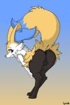 anthro anus balls bent_over big_balls big_butt black_body black_fur blue_body blue_fur braixen brulee_(silliestsparki) butt fur generation_6_pokemon genitals male naive nintendo oblivious pokemon pokemon_(species) raised_tail rear_view silliestsparki solo tail white_body white_fur yellow_body yellow_fur
