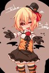 bare_shoulders black_gloves blonde_hair corset detached_sleeves gloves hair_rings halloween halloween_costume hat jack-o'-lantern miniskirt one_eye_closed outstretched_arms red_eyes rumia shamo_(koumakantv) shirt skirt smile solo striped striped_legwear thighhighs tongue tongue_out top_hat touhou trick_or_treat zettai_ryouiki 