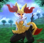 anthro astralia_(art) black_body black_fur blep bodily_fluids bottomwear braixen breasts canid canine clothed clothing clothing_lift eyelashes fangs female fox fur generation_6_pokemon genital_fluids genitals grass hi_res inviting looking_at_viewer lustful_gaze mammal nintendo nipples paws plant pokemon pokemon_(species) presenting presenting_vulva red_eyes saliva skirt skirt_lift sky small_breasts solo teeth tongue tongue_out tree vaginal_fluids vulva white_body white_fur yellow_body yellow_fur