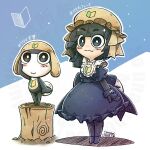  1girl apron black_eyes black_hair blue_background dress full_body gloves hat kemono_friends kemono_friends_3 keroro_gunsou looking_at_viewer maid maid_apron maid_headdress pantyhose shirabaki shoes short_hair simple_background tadpole tail tamama tamama_(kemono_friends) 