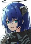  1girl arknights black_halo black_horns black_jacket blue_eyes blue_hair commentary_request gloves grey_gloves hair_between_eyes halo hand_up horns jacket long_hair looking_at_viewer mostima_(arknights) portrait simple_background smile solo traditional_halo white_background z_(knkr1025) 