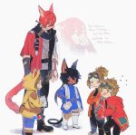  1boy 4girls afterimage anger_vein angry animal_ear_hood animal_ears belt belt_pouch black_boots black_hair black_scarf blue_eyes blue_gloves boots brother_and_sister brown_hair cat_ears cat_tail coat commentary crossed_arms dark-skinned_female dark_skin english_commentary english_text eyaney_(ff14) final_fantasy final_fantasy_xiv flask flying_sweatdrops g'raha_tia gloves goggles goggles_on_head hand_on_own_hip height_conscious height_difference hood krile_baldesion_(ff14) lalafell looking_at_another looking_down lumull_(ff14) miqo'te motion_lines multiple_girls neck_tattoo nervous_sweating ponytail potion pouch purple_eyes red_coat red_hair round-bottom_flask scarf siblings sweat tail tattoo theverdeacqua warrior_of_light_(ff14) wavy_mouth white_boots yellow_coat yellow_hood 